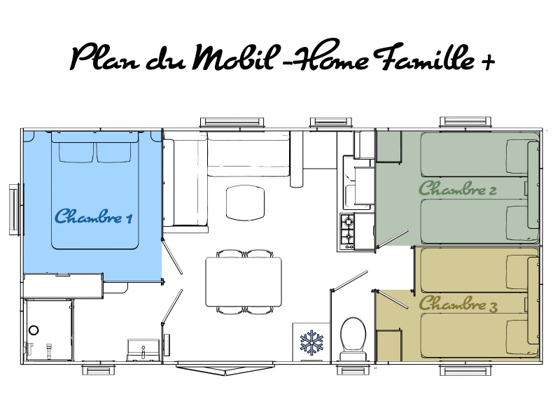 Plan du Mobil-Home Famille + doté de 3 chambres