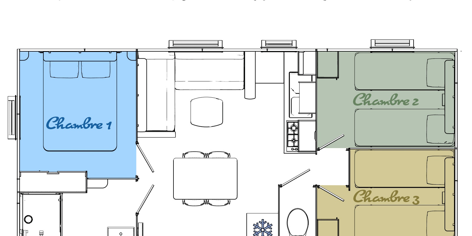 Plan du Mobil-Home Famille + doté de 3 chambres